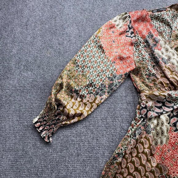 Zara Dress Womens‎ XS Paisley Mini V-neck Long Balloon sleeves elastic cuffs - Picture 9 of 16